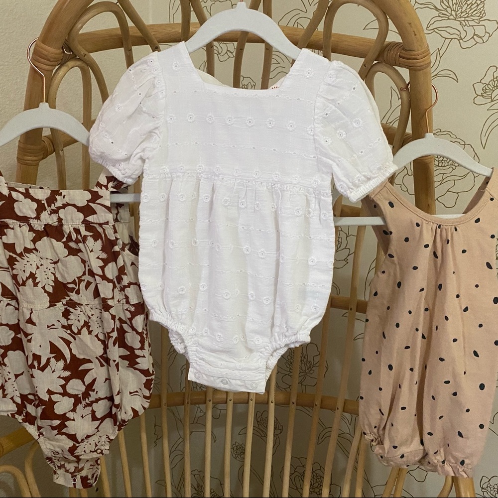 Set of three tan + white rompers brand new without tags